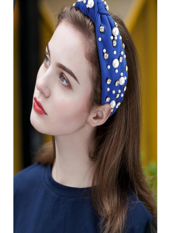 Atoden Knotted Headbands with Pearl Rhinestone Royal Blue Headband Wide Top Knot Headbands Beaded Crystal Jeweled Head Bands Embellished Sparkly Hair Bands Hair Accessories for Women Girls - Image 3